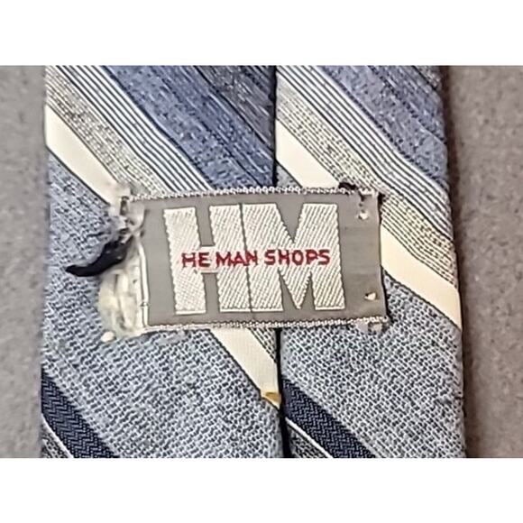 He Man Shops Men's Necktie Tie Texturized Polyester Blue Light Blue Striped - Picture 3 of 4